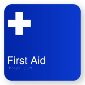 First Aid Braille Sign in Blue Square Acrylic