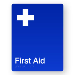 First Aid Braille Sign in Portrait Blue Acrylic