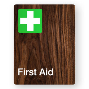 First Aid Braille Sign in Portrait Dark Woodgrain