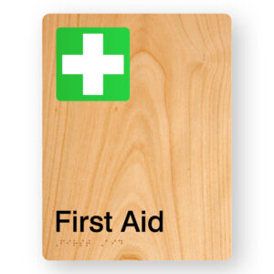 First Aid Braille Sign in Portrait Woodgrain Acrylic