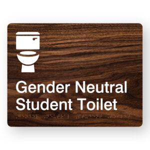 Gender Neutral Student Toilet Braille Sign in Dark Woodgrain