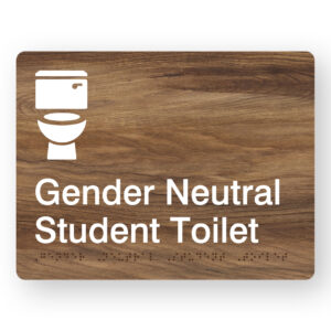 Gender Neutral Student Toilet Braille Sign in Mid-Tone Woodgrain in Acrylic