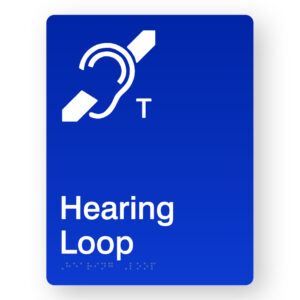 Hearing Loop with T Braille Sign in Portrait Blue Acrylic