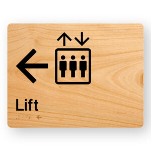 Lift (Left Arrow) Braille sign in Woodgrain Acrylic - Image 1