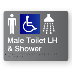 Male Accessible Toilet LH & Shower Braille Sign in Grey Acrylic - Image 1