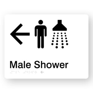 Male Shower (Left Arrow) Braille Sign in White Acrylic - Image 1