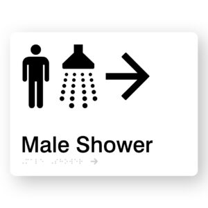 Male Shower (Right Arrow) Braille Sign in White Acrylic - Image 1