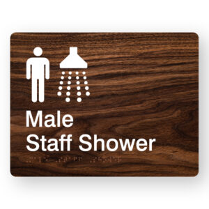 Male Staff Shower Braille Sign in Dark Woodgrain - Image 1