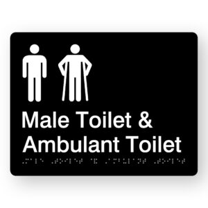 Male Toilet & Ambulant Toilet Brailel Sign in Black Acrylic. Black Sign panel with White Male & male Ambulant Symbols, Text that reads Male Toilet & Ambulant Toilet