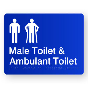 Male Toilet & Ambulant Toilet Braille Sign in Blue Acrylic. Blue Sign panel with White Male & Male ambulant Symbol. White Text reads Male Toilet & Ambulant Toilet. Braille Text is Shown