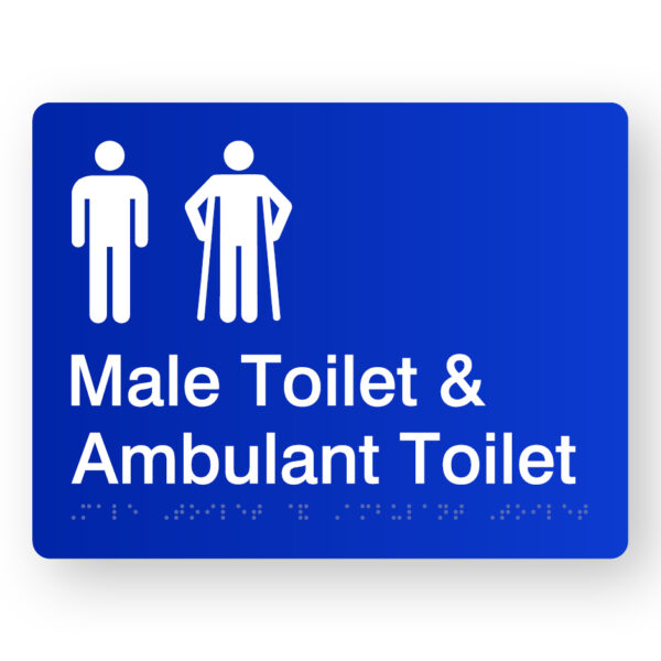 Male Toilet & Ambulant Toilet Braille Sign in Blue Acrylic Male Toilet & Ambulant Toilet Braille Sign in Blue Acrylic. Blue Sign panel with White Male & Male ambulant Symbol. White Text reads Male Toilet & Ambulant Toilet. Braille Text is Shown