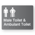 Male Toilet & Ambulant Toilet Braille sign in Grey Acrylic. Grey Sign Panel with White Male & male Ambulant Symbols, White Text reads Male Toilet & Ambulant Toilet. Braille Text is shown