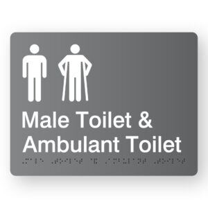 Male Toilet & Ambulant Toilet Braille sign in Grey Acrylic. Grey Sign Panel with White Male & male Ambulant Symbols, White Text reads Male Toilet & Ambulant Toilet. Braille Text is shown