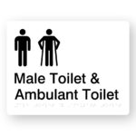 Male Toilet & Ambulant Toilet Braille Sign in White Acrylic. White Sign Panel with Black Male & Male Ambulant Symbol. Black Text reads Male Toilet & Ambulant Toilet. Braille text is Shown