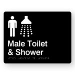 Male Toilet & Shower Braille Sign inBlack Acrylic. Black Sign panel with white male & Shower Symbol, text reads male Toilet & Shower