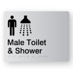 Male Toilet & Shower Braille Sign in Silver Acrylic. Silver Sign panel with black Male & Shower Symbol, text reads male Toilet & Shower