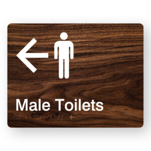 Male Toilets (Left Arrow) Braille Sign in Dark Woodgrain - Image 1