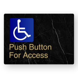 Push Button For Access Braille Sign in a Black Marble & Satin Brass Finish