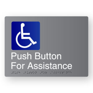 Push Button For Assistance Braille Sign in Grey Aluminium - Image 1