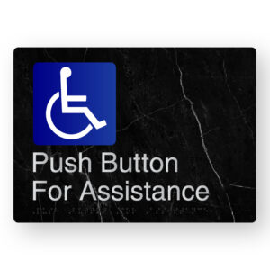 Push Button For Assistance Braille Sign in a Black Marble & Silver Finish - Image 1