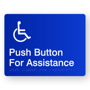 Push Button for Assistance Braille Sign in Blue Acrylic