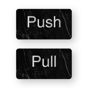 Push & Pull Braille Sign in a Black Marble & Silver Finish