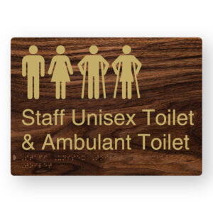 Staff Unisex Toilet & Ambulant Toilet Braille Sign in a Dark Woodgrain & Brass Finish - Image 1