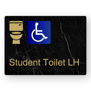 Student Accessible Toilet LH Braille Sign in a Black Marble & Satin Brass Finish