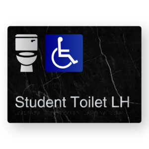 Student Accessible Toilet LH Braille Sign in a Black Marble & Silver Finish