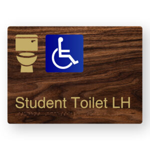 Student Accessible Toilet LH Braille Sign in a Dark Woodgrain & Brass Finish