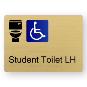 Student Accessible Toilet LH Braille Sign in a Satin Brass Finish