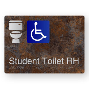 Student Accessible Toilet RH Braille Sign in a Distressed Metal Finish