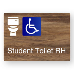 Student Accessible Toilet RH Braille Sign in a Mid-Tone Woodgrain