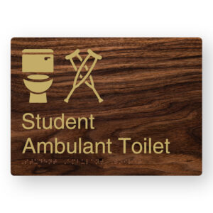 Student Ambulant Toilet Braille Sign in a Dark Woodgrain & Brass Finish