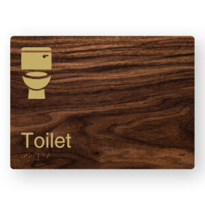 Toilet Braille Sign in a Dark Woodgrain & Brass Finish - Image 1