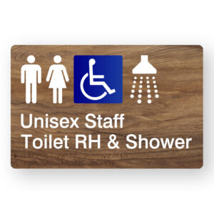 Unisex Staff Accessible Toilet RH & Shower Braille Sign in Mid-Tone Woodgrain in Acrylic - Image 1