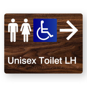 Unisex Accessible Toilet LH (Right Arrow) Braille Sign in Dark Woodgrain - Image 1