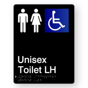 Unisex Accessible Toilet LH Braille Sign in Portrait Black Acrylic