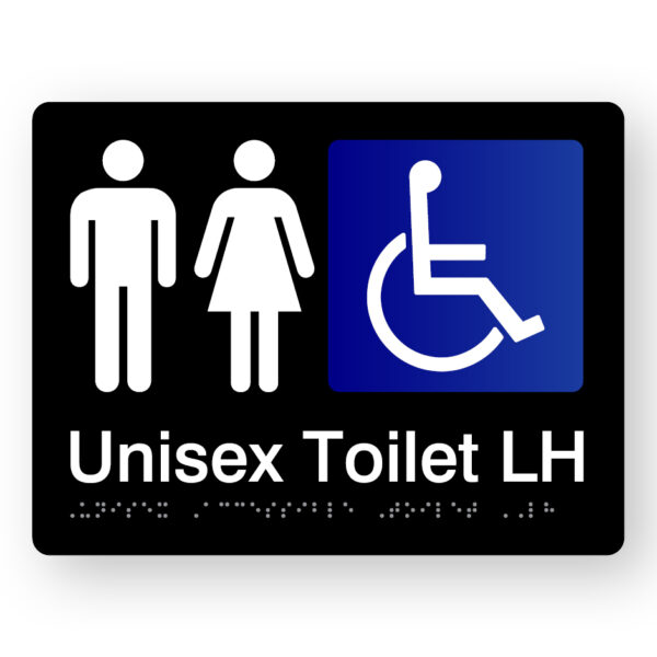 Unisex Toilet LH Braille Sign in Black Acrylic Unisex Accessible Toilet LH Braille Sign in Black Acrylic. Black sign panel with white Mlae, female & Accessible symbol. White Text reads Unisex Toilet LH