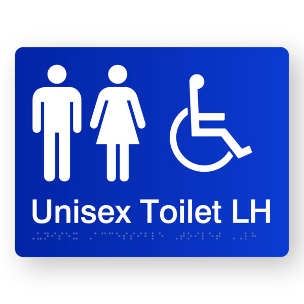 Unisex Accessible Toilet LH Braille Sign. Blue Sign panel white white Male, female & Accessible Symbols & white test that reads Unisex Toilet LH