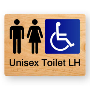 Unisex Accessible Toilet LH Braille sign in Woodgrain Acrylic