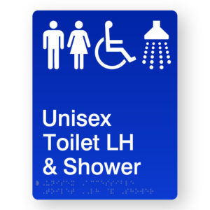 Unisex Accessible Toilet LH & Shower Braille Sign in Portrait Blue Acrylic