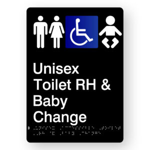 Unisex Accessible Toilet RH & Baby Change Braille Sign in Portrait Black Acrylic