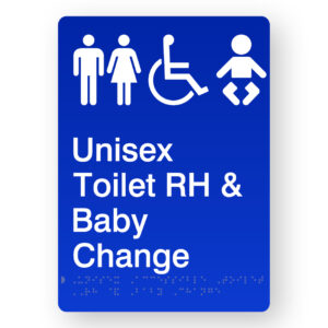 Unisex Accessible Toilet RH & Baby Change Braille Sign in Portrait Blue Acrylic