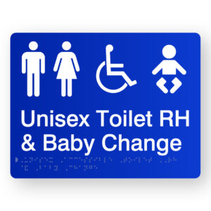 Unisex Accessible Toilet RH & Baby Change Braille Sign in Blue Acrylic. A Blue panel with white tactile text & graphics including the following symbols, Male, Female, Accessible & baby.
