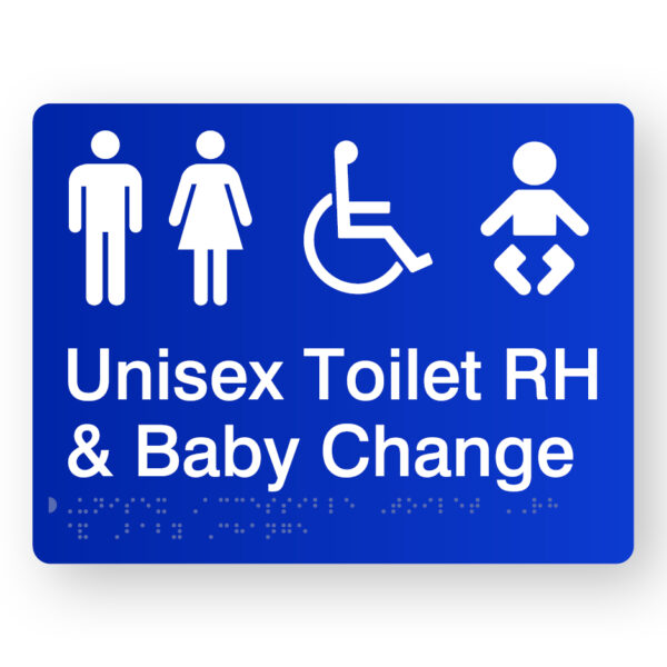 Unisex Accessible Toilet RH & Baby Change Braille Sign in Blue Acrylic Unisex Accessible Toilet RH & Baby Change Braille Sign in Blue Acrylic. A Blue panel with white tactile text & graphics including the following symbols, Male, Female, Accessible & baby.