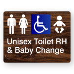 Unisex Accessible Toilet RH & Baby Change Braille Sign in Dark Woodgrain Acrylic. A Dark Woodgrain colour panel with white tactile text & graphics including the following symbols, Male, Female, Accessible & baby.