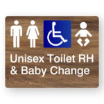 Unisex Accessible Toilet RH & Baby Change Braille Sign in Mid-Tone Woodgrain Acrylic. A Mid-Tone woodgrain panel with white tactile text & graphics including the following symbols, Male, Female, Accessible & baby.