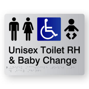 Unisex Accessible Toilet RH & Baby Change Braille Sign in Silver Acrylic. A Silver panel with black tactile text & graphics including the following symbols, Male, Female, Accessible & baby.