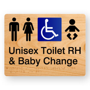 Unisex Accessible Toilet RH & Baby Change Braille Sign in Woodgrain Acrylic. A Woodgrain colour panel with black tactile text & graphics including the following symbols, Male, Female, Accessible & baby.